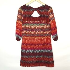 Lily Rose Bold Colorful Chevron Print 3/4 Sleeve Mini Dress Small Bow Detail